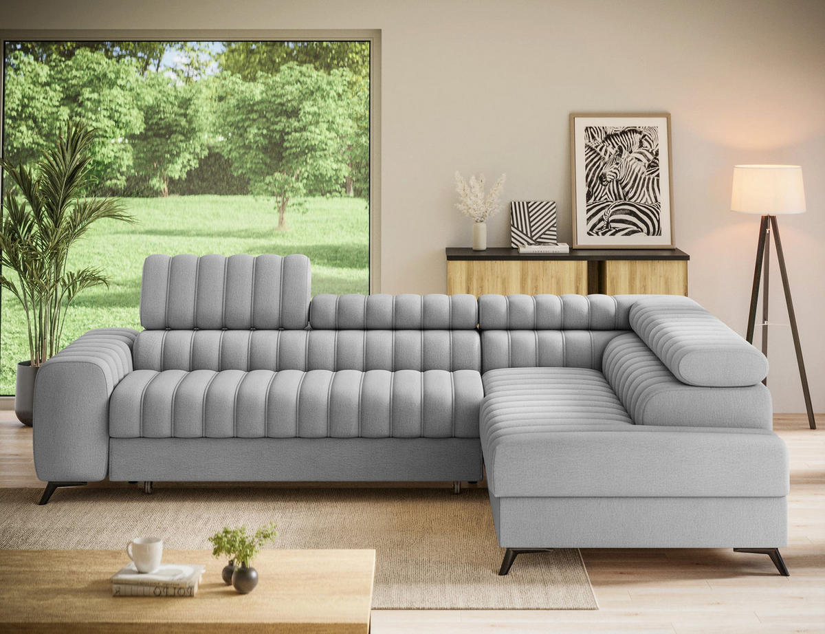 KANEDO Ecksofa mit Schlaffunktion und Bettkasten – Modernes Designsofa, verstellbare Kopfstützen, Metallfüße - Grau, Kunststoff (269/86cm) - Wohnideebilder