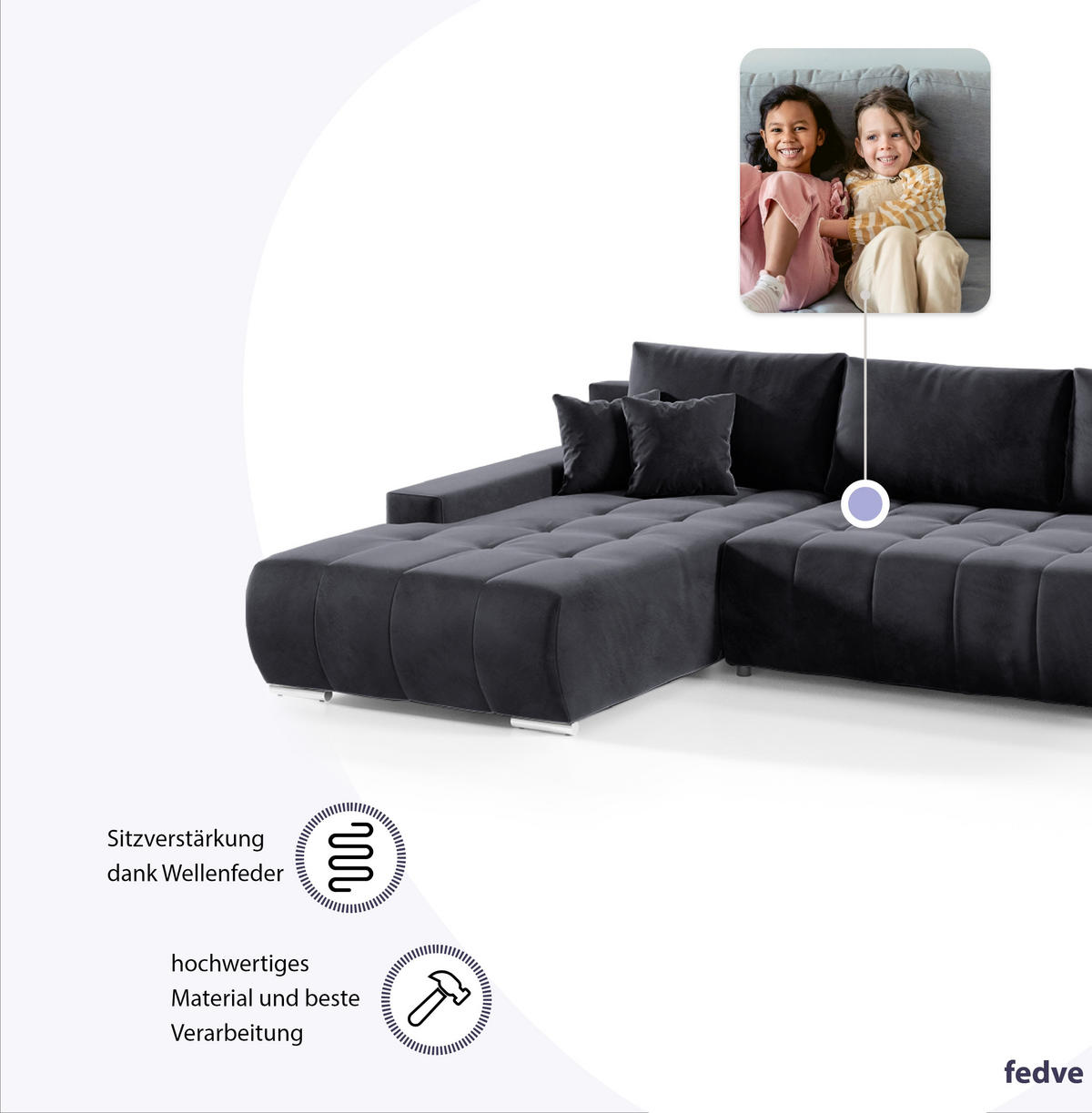 ECKSOFA mit Schlaffunktion Dhaka L Dunkelgrau - Graphitfarben, Textil (185/265cm) - Fedve