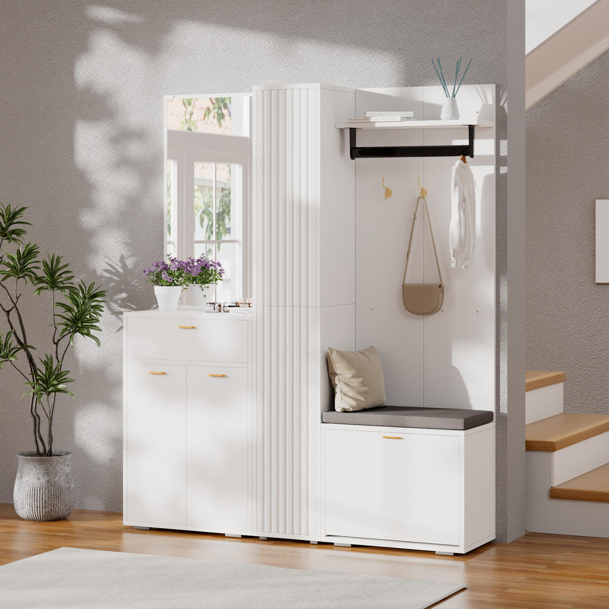 GARDEROBE Weiß Spiegel Bank 3 Türen Schuhregal 150x36x180cm - Weiß, Holzwerkstoff (150/180/36cm) - FLIEKS