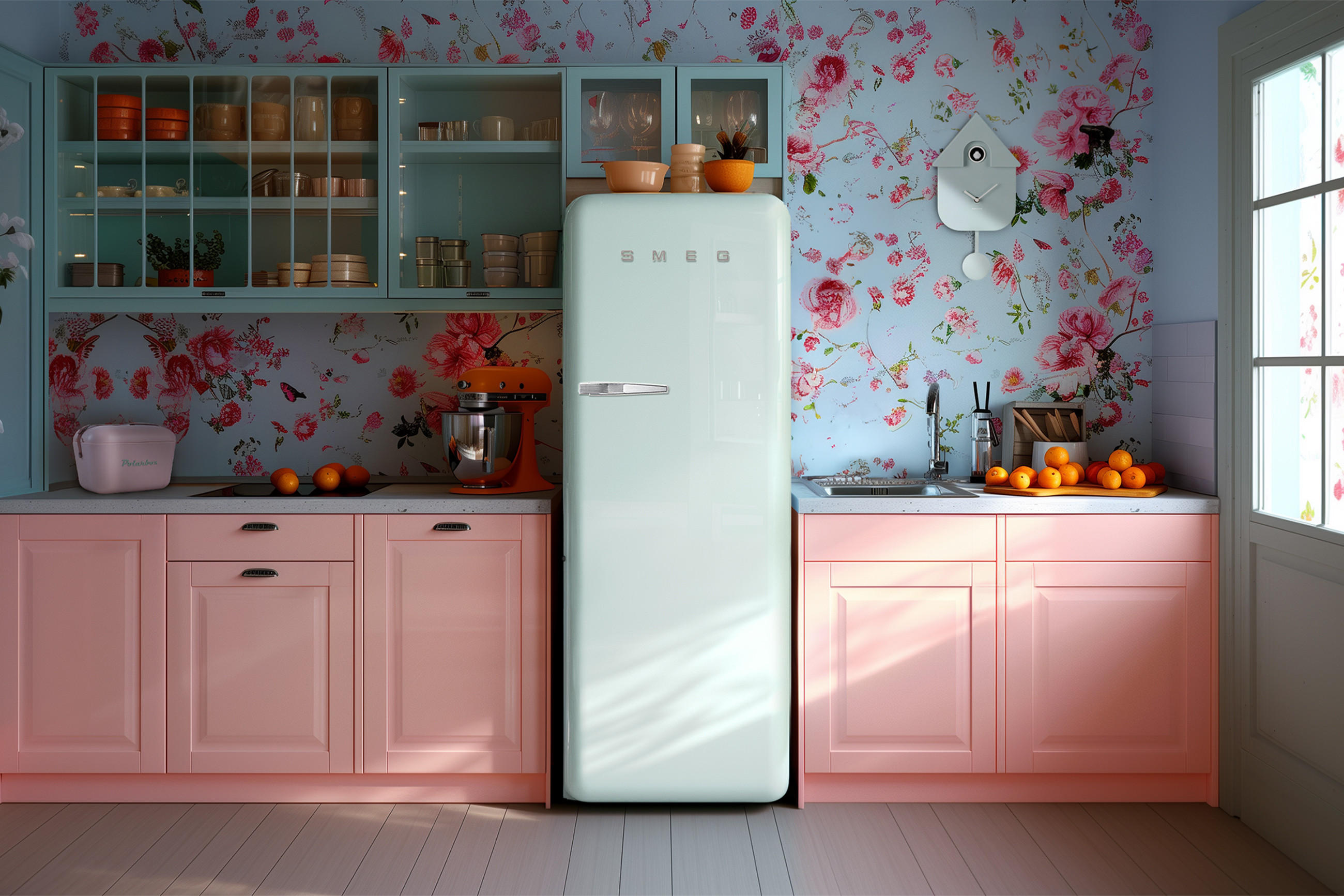 Eine moderne Küche mit pinken und blauen Wänden sowie einem pastellgrünen Kühlschrank im Mittelpunkt des Raumes