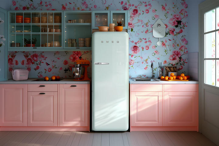 Eine moderne Küche mit pinken und blauen Wänden sowie einem pastellgrünen Kühlschrank im Mittelpunkt des Raumes
