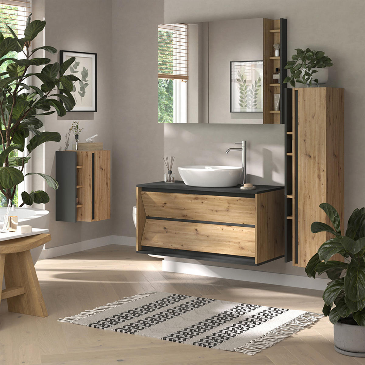 BADSCHRANK Edelin Anthrazit/Artisan 35 x 120 cm mit 4 Ablagefächern - Anthrazit/Eiche Artisan, Holzwerkstoff (35/120/32cm) - Vicco