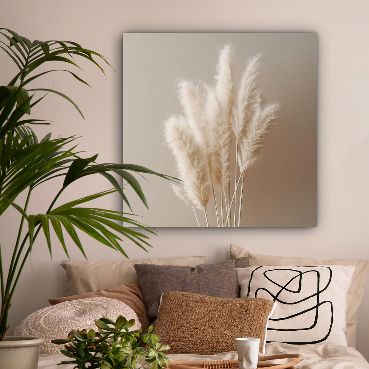 LEINWANDBILD Pampasgras - Federn - Pastell - Weiß Deko Groß 90x90 cm - Naturfarben, Textil (90/90cm) - MuchoWow