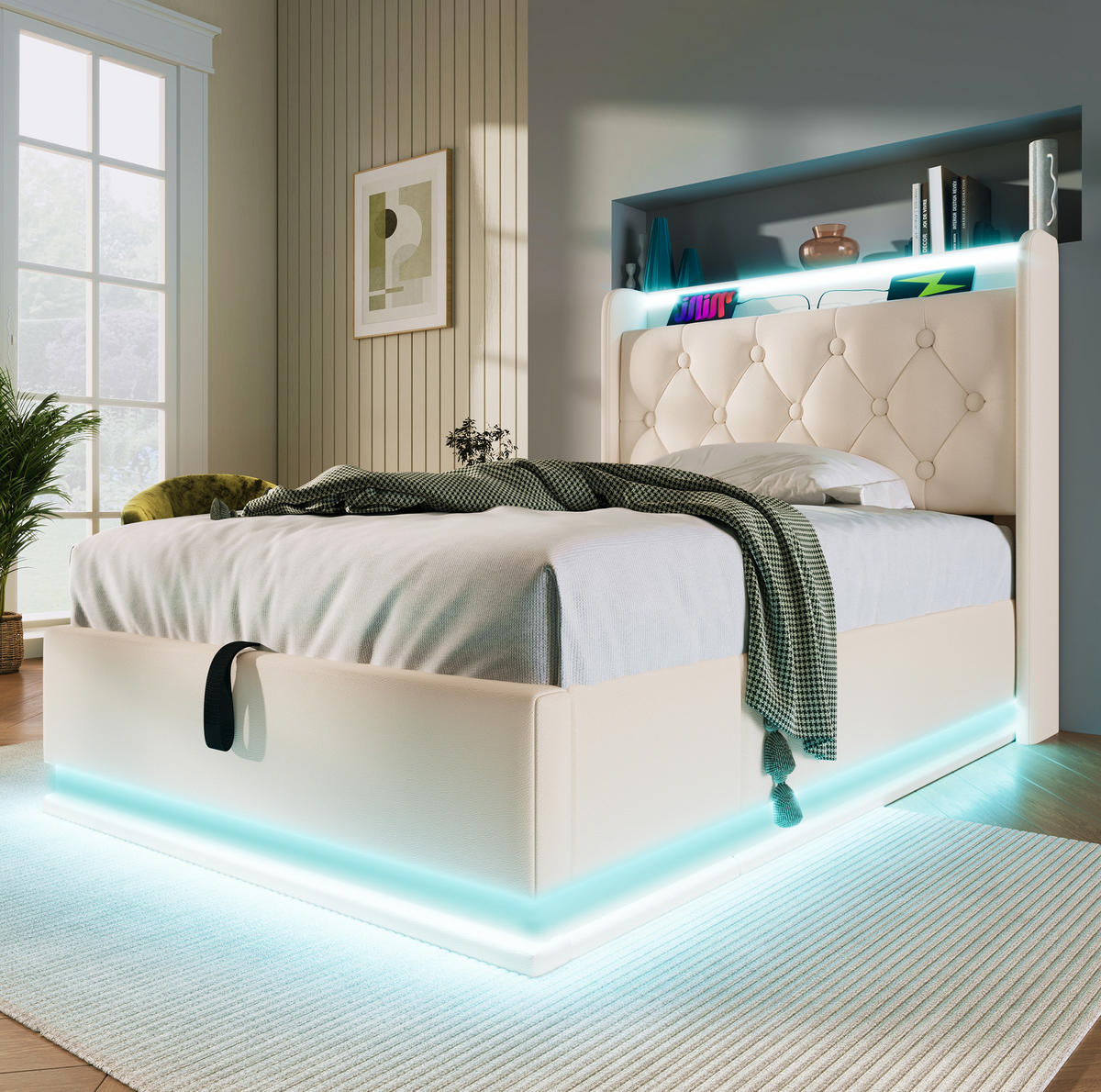POLSTERBETT 90/200 cm Weiß aus PU mit Stauraum, LED-Beleuchtung und USB - Weiß, Kunststoff (90/200cm) - Flora Grace