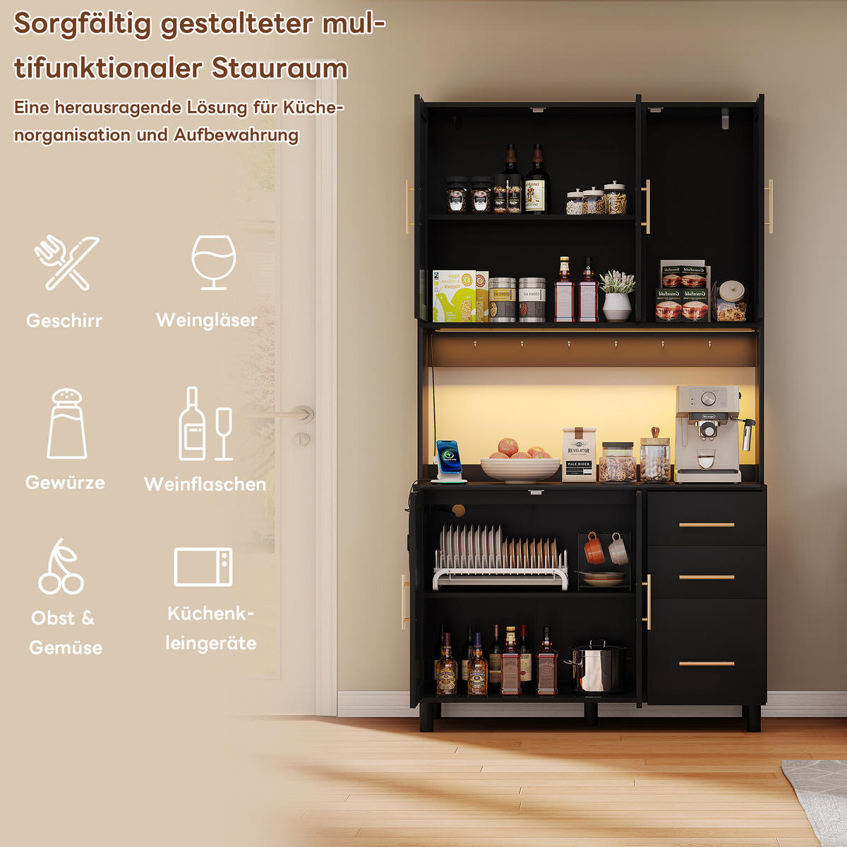 KÜCHENSCHRANK in Holz- und Rattanoptik mit LED Schwarz - Schwarz, Holzwerkstoff (40/183/100cm) - Urban Meuble