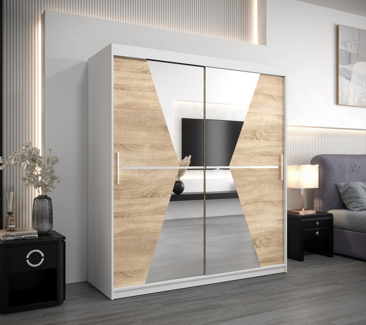 SCHWEBETÜRENSCHRANK 200/180/62 2-türig - Silberfarben/Weiß, Holz/Kunststoff (180/200/62cm) - Abiks Möbel
