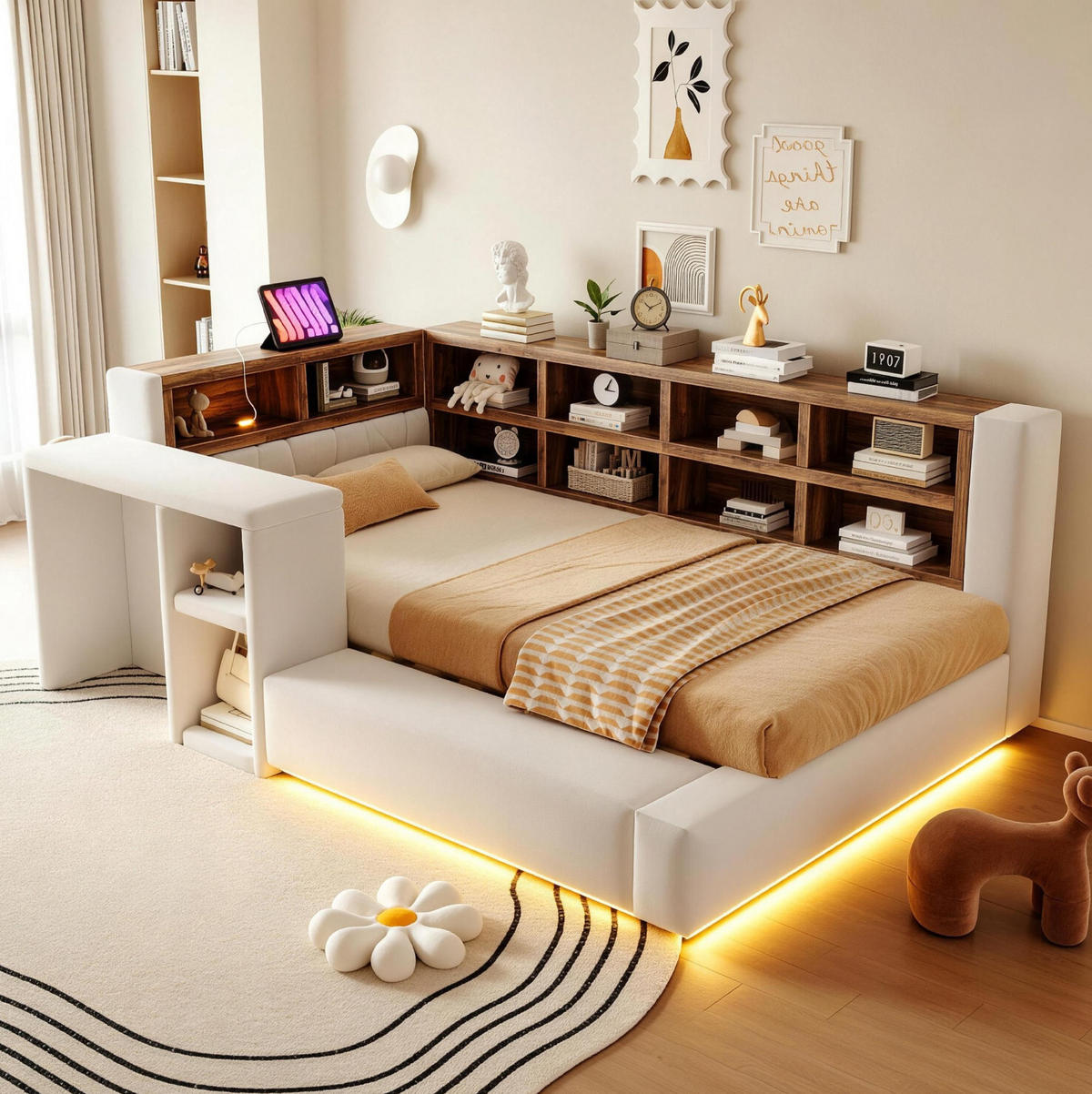 POLSTERBETT 90/200 cm aus Samtstoff mit LED-Beleuchtung und Steckdosen, Beige - Beige, Textil (90/200cm) - OKMYHOME
