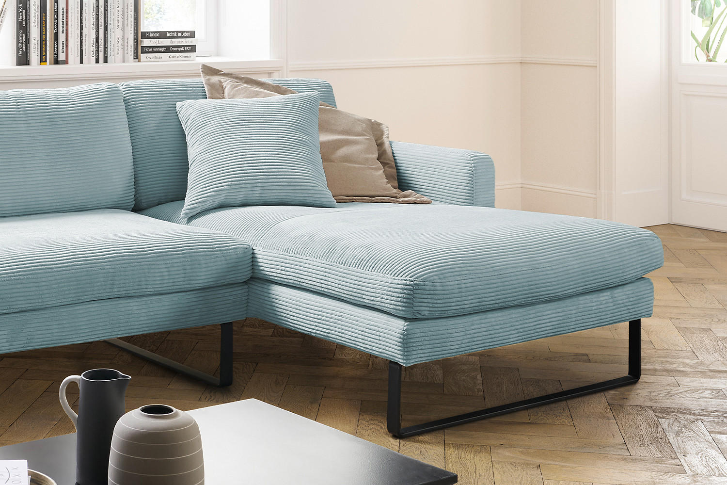 ECKSOFA RICARDA Hellblau Cord - Schwarz/Hellblau, Textil/Metall (298/154cm) - KAWOLA