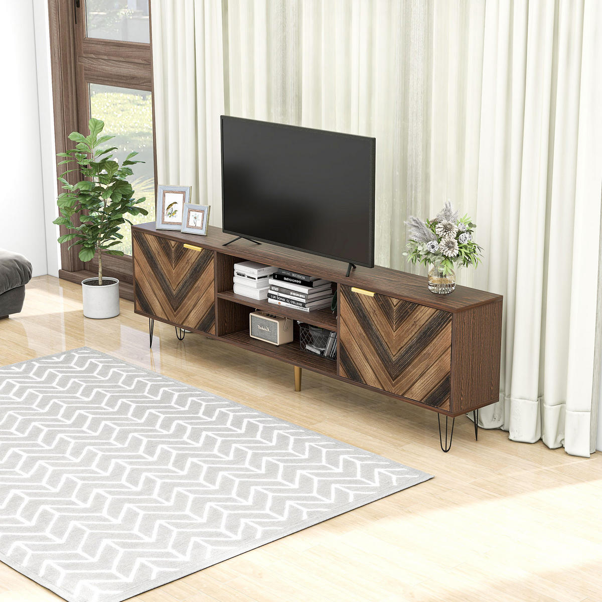 TV-LOWBOARD in Natur mit 2 Türen, Eisenfüßen und goldfarbenen Griffen 155/38/48 cm - Eichefarben, Holzwerkstoff (155/48/38cm) - Redom