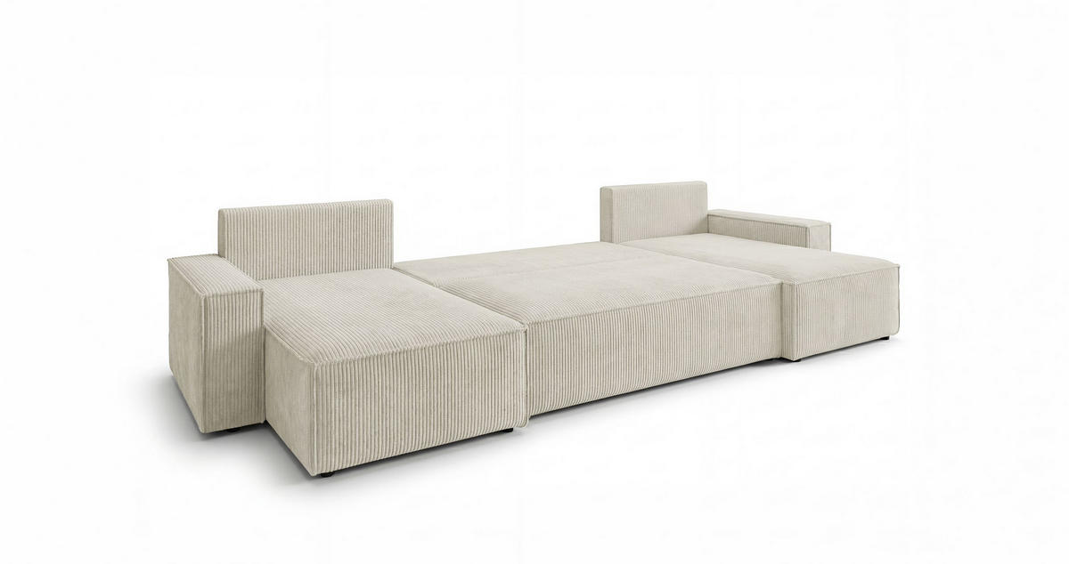 WOHNLANDSCHAFT CALIFORNIA MINI U-Form weiß Cord Poso 100 - Schlaffunktion, Bettkasten - Weiß, Textil (312/85/142cm) - Cornero
