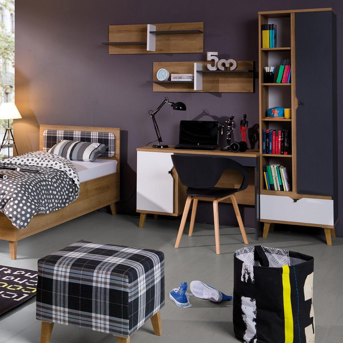 NACHTTISCH Moreno mit 1 Schublade, Eiche gold/mattweiß/graphit - Eichefarben/Graphitfarben, Holzwerkstoff/Kunststoff (45/48/40cm) - Beautysofa