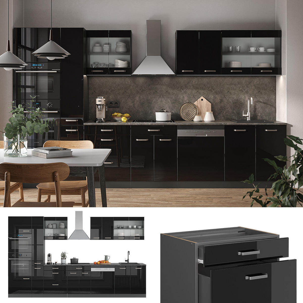 KÜCHENZEILE R-Line Schwarz Hochglanz/Anthrazit 350 cm mit Hochschrank ohne AP - Schwarz Hochglanz/Anthrazit, Holzwerkstoff (350/81.6/46cm) - Vicco