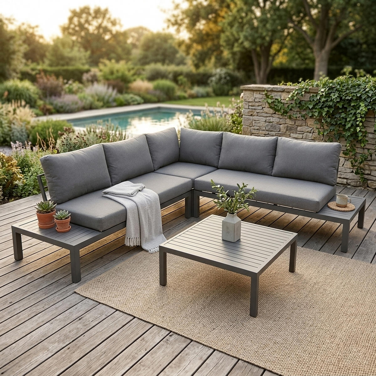 LOUNGE-SET Solihull - Sitzgruppe 4-teilig aus gebürstetem Aluminium, Tischplatte und Armlehnen aus Kunstholz dunkelgrau - Grau, Metall - TPFGarden