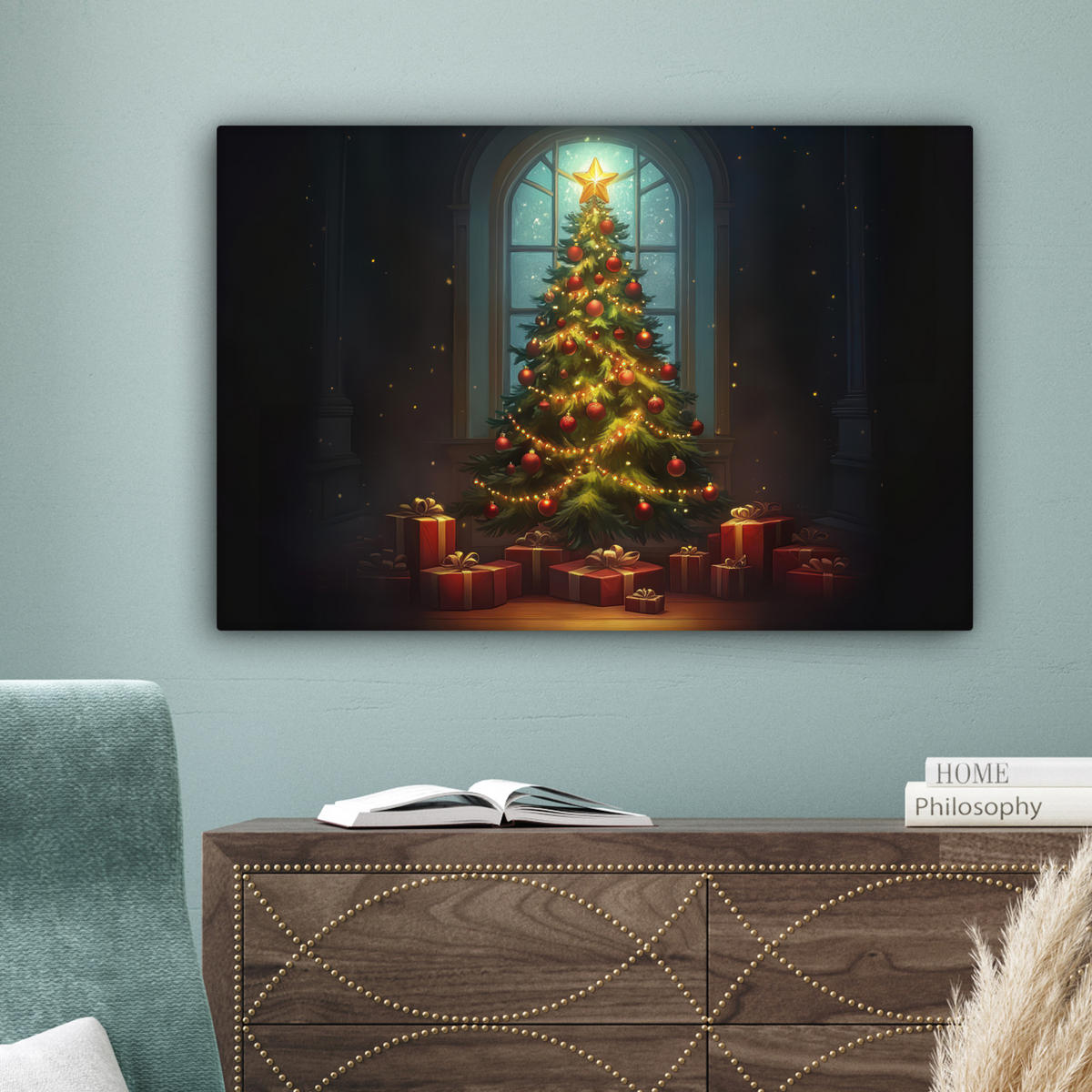 LEINWANDBILD Weihnachtsbaum - Geschenk - Winter Gemälde 60x40 cm - Grün, Textil (60/40cm) - MuchoWow