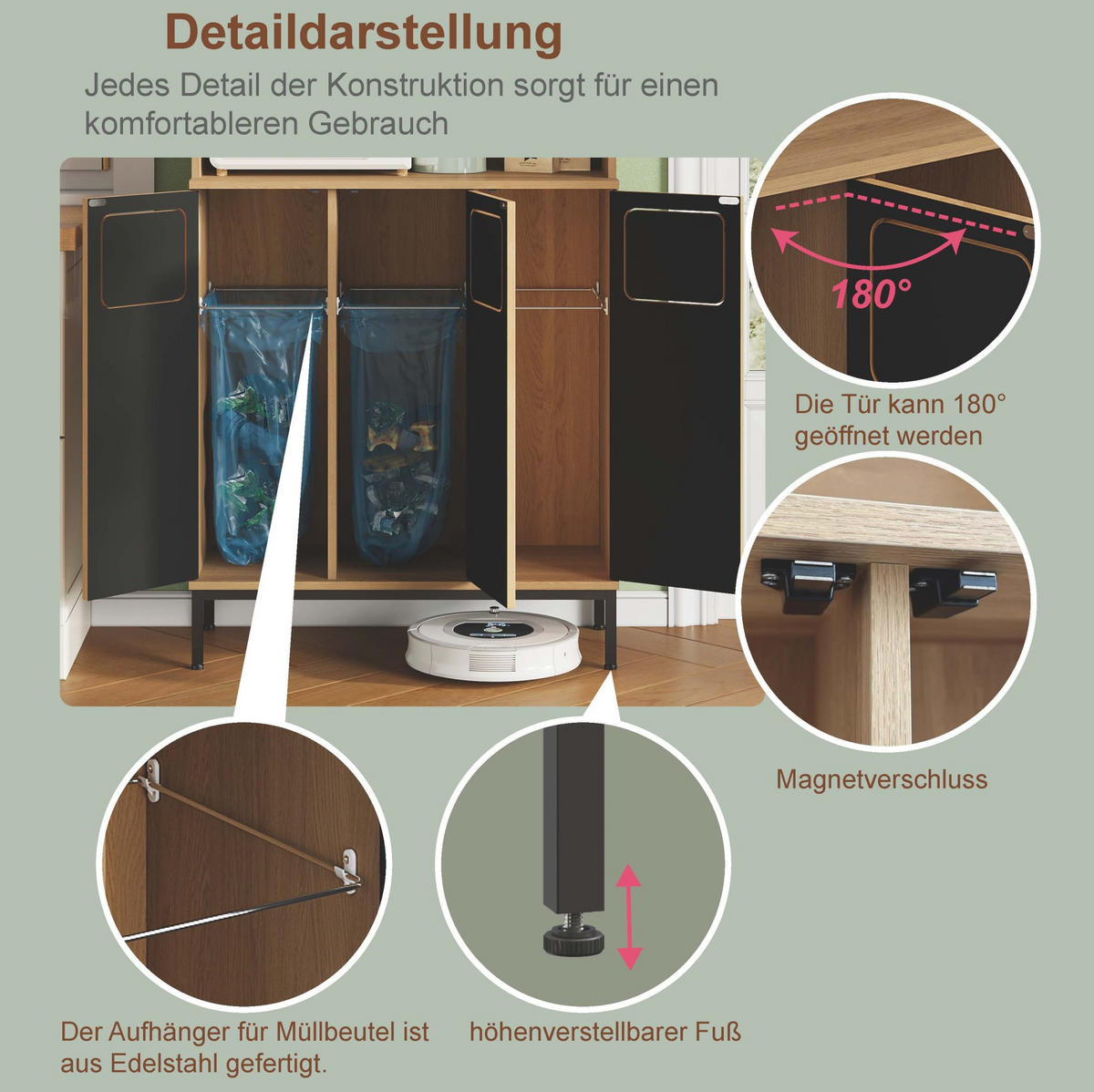 BUFFETSCHRANK 35/80/181 cm mit Mülltrennung, Mikrowellenfach und verstellbaren Böden aus MDF, Natur - Naturfarben, Holzwerkstoff (80/181/35cm) - Redom