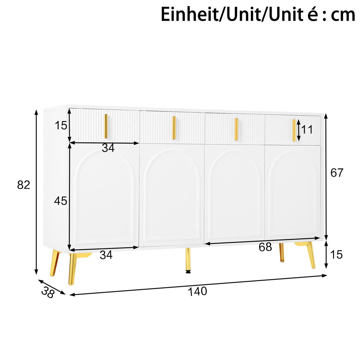 SIDEBOARD mit 4 Türen und 4 Schubladen 140 cm MDF Weiß - Weiß, Holzwerkstoff (140/82/38cm) - Meubliv