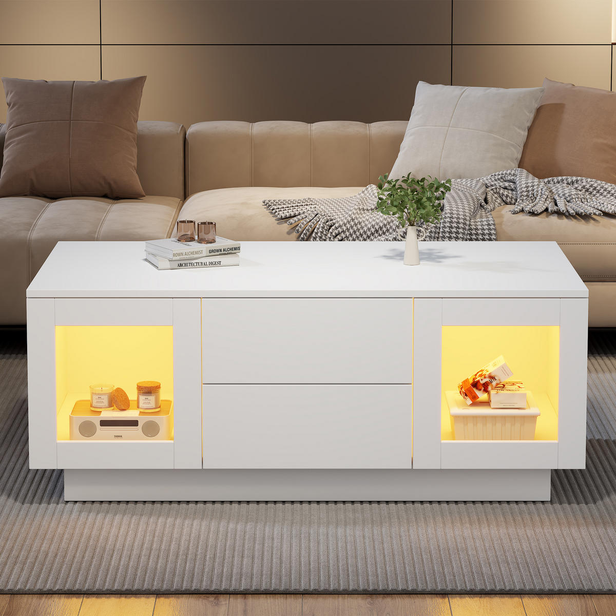 COUCHTISCH Hochglanz mit App-LED Weiß 100/50/40 cm - Weiß, Holzwerkstoff (100/50/40cm)