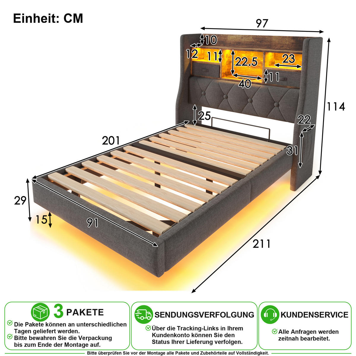 POLSTERBETT 90/200 cm in Grau Leinen mit LED, USB, Type-C und Matratze - Grau, Holzwerkstoff/Textil (90/200cm) - CHICFURN