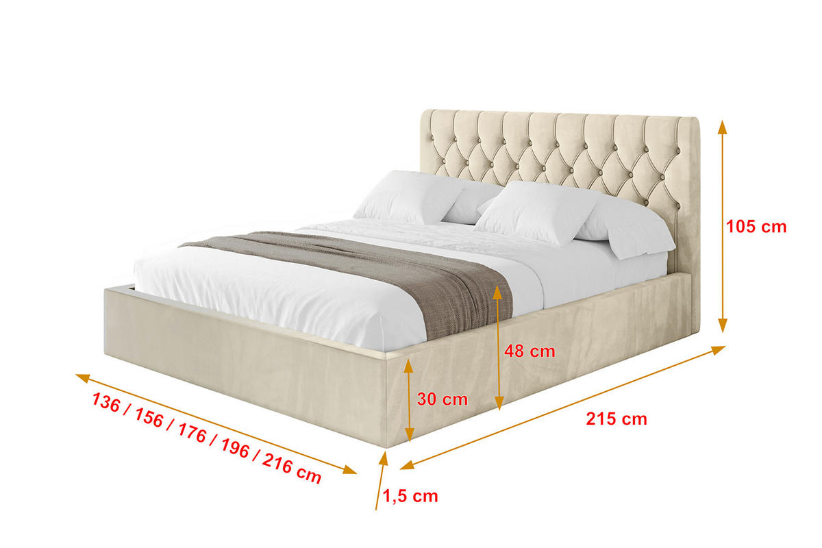 POLSTERBETT mit Bettkasten und Lattenrost, Bett mit Matratze H3/H4 - RENO 160x200 Beige - Ecru, Holzwerkstoff/Textil (160/200cm) - ALTDECOR