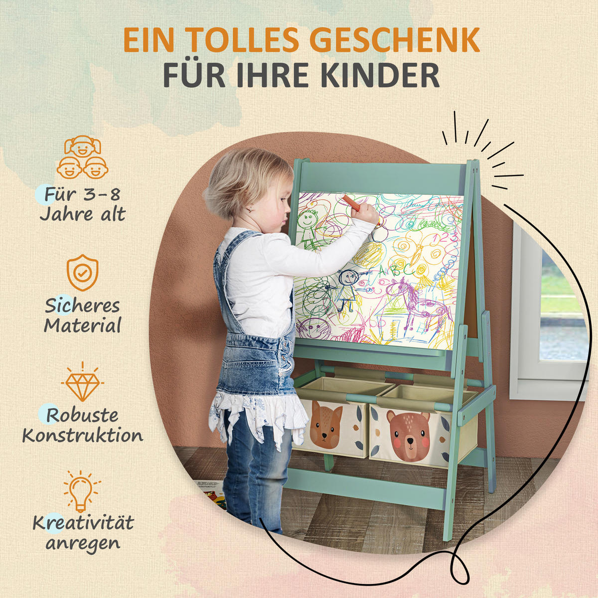 KINDERSTANDTAFEL mit Aufbewahrungskörbe - Grün, Holzwerkstoff (46.5/93/54cm) - AIYAPLAY