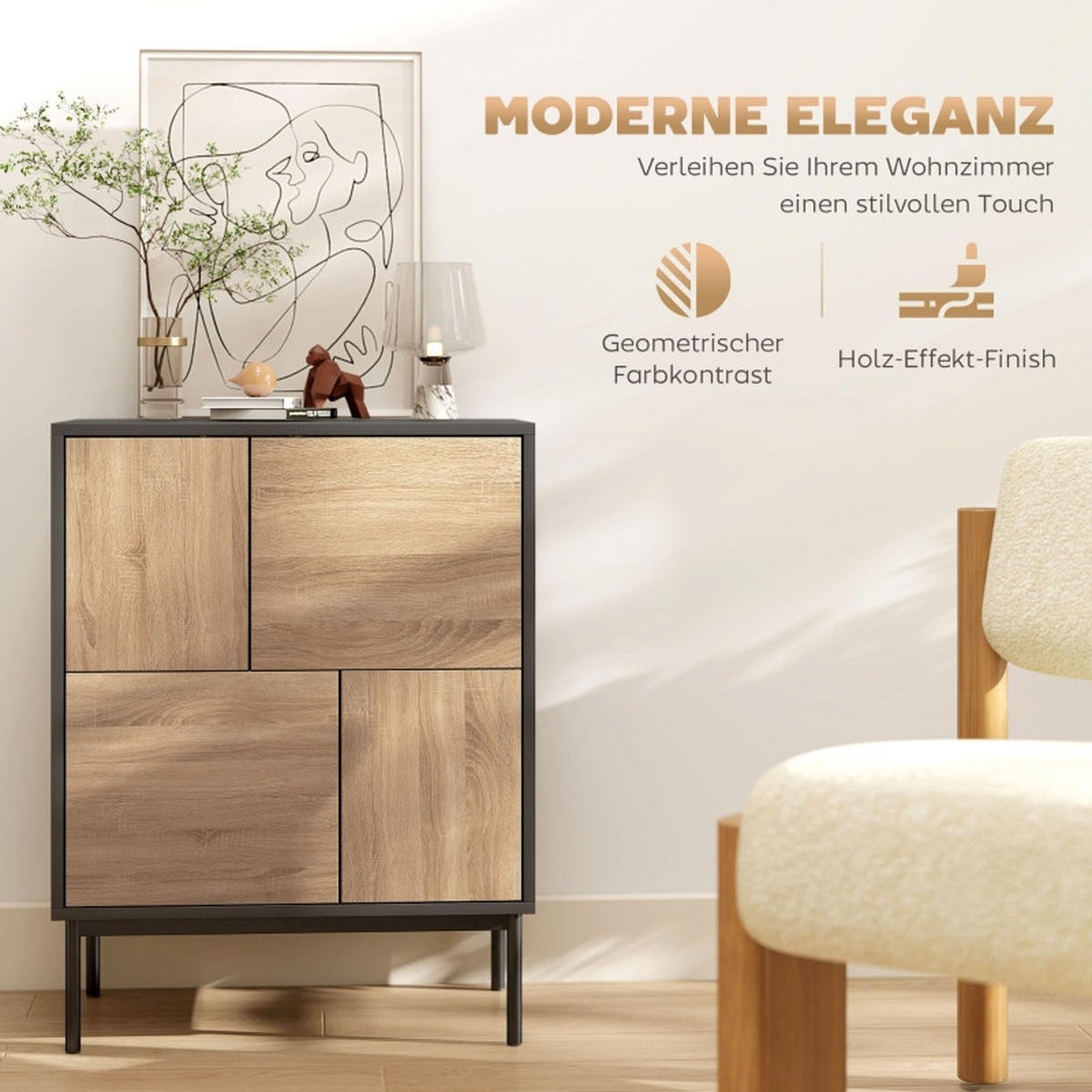 SIDEBOARD mit Push-to-Open Türen und Metallbeinen in Schwarz/Naturholzoptik - Schwarz, Holz (60/78/35cm) - BEAOK