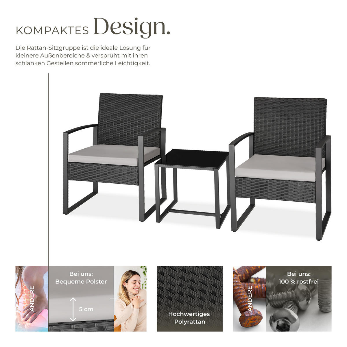 RATTAN SITZGRUPPE Granada,höhenverstellbare Kunststofffüße,hellgrau/schwarz - Hellgrau/Schwarz, Kunststoff/Textil - tectake