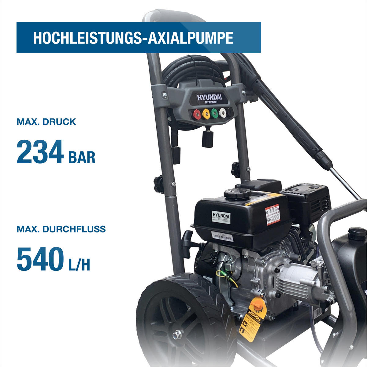 BENZIN-HOCHDRUCKREINIGER HYW3400P (5 PS, 234bar, 540 l/h, 4-Takt, 10m Schlauch) - Schwarz, Metall (54/98/68.5cm) - HYUNDAI