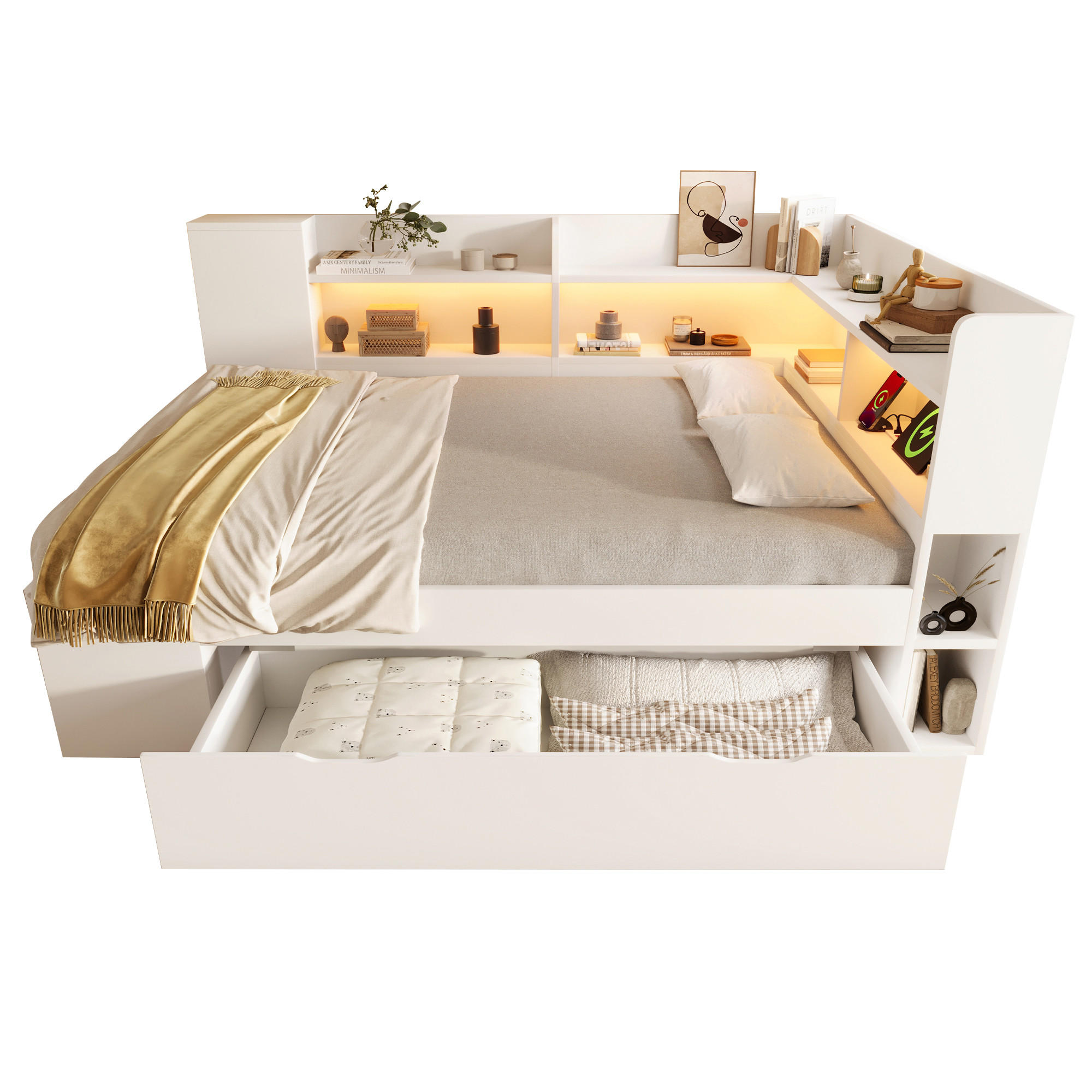 POLSTERBETT 140/200 cm mit LED-Beleuchtung, USB- und Typ-C-Anschluss, Stauraum und Lattenrost, Holzwerkstoff, Weiß - Weiß, Textil (140/200cm) - Redom