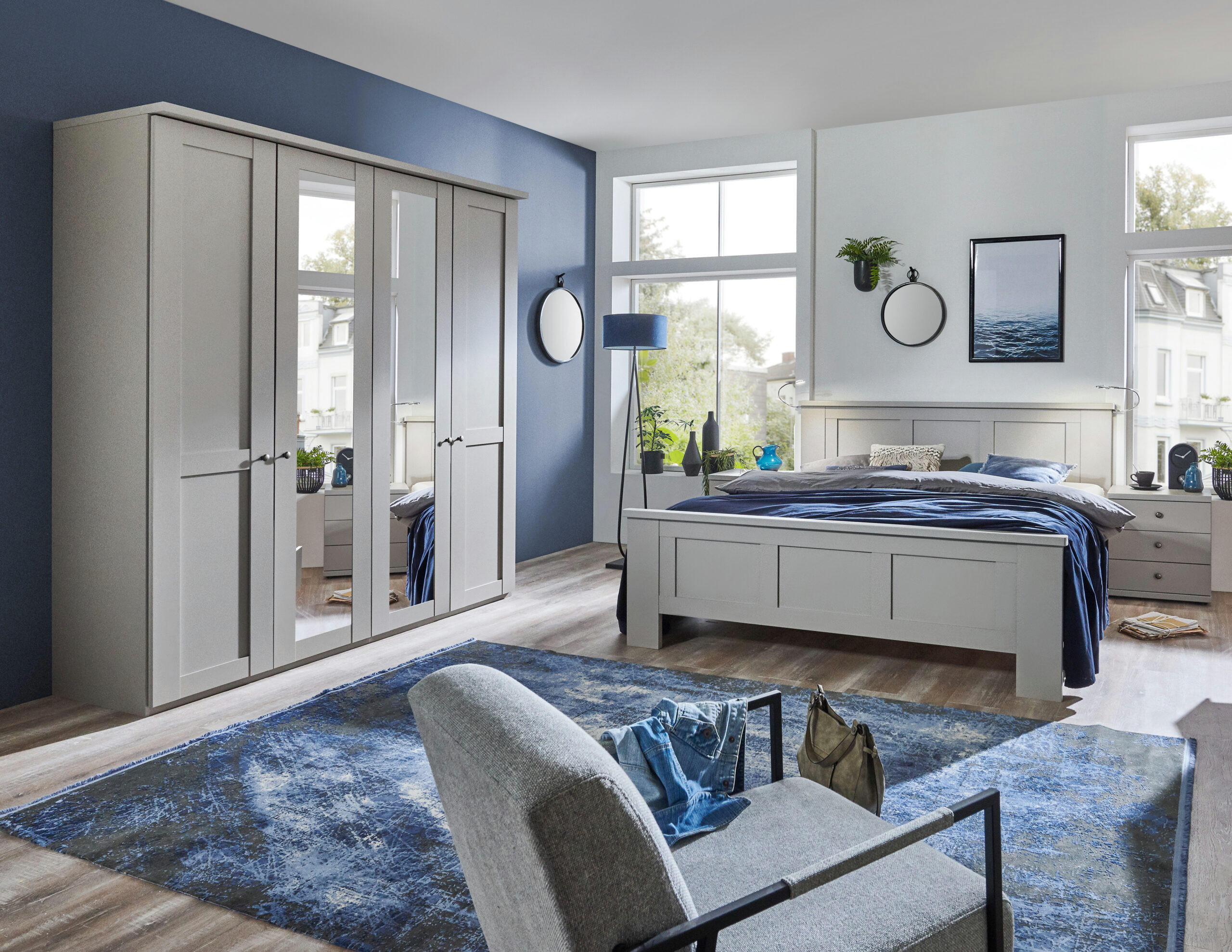 SCHLAFZIMMER Greenholm in Kieselgrau 4 teilig mit Kleiderschrank 200cm Breite mit Spiegel, Doppelbett 180x200cm, zwei Nachttisch - Grau, Holzwerkstoff (80/200/120cm)