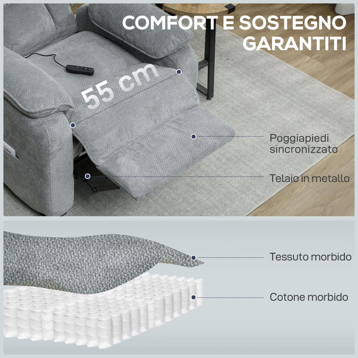 RELAXSESSEL,150° Samtoptik Fußstütze Fernbedienung Seitentasche,grau - Grau, Textil (90/103/96cm) - Vallsero