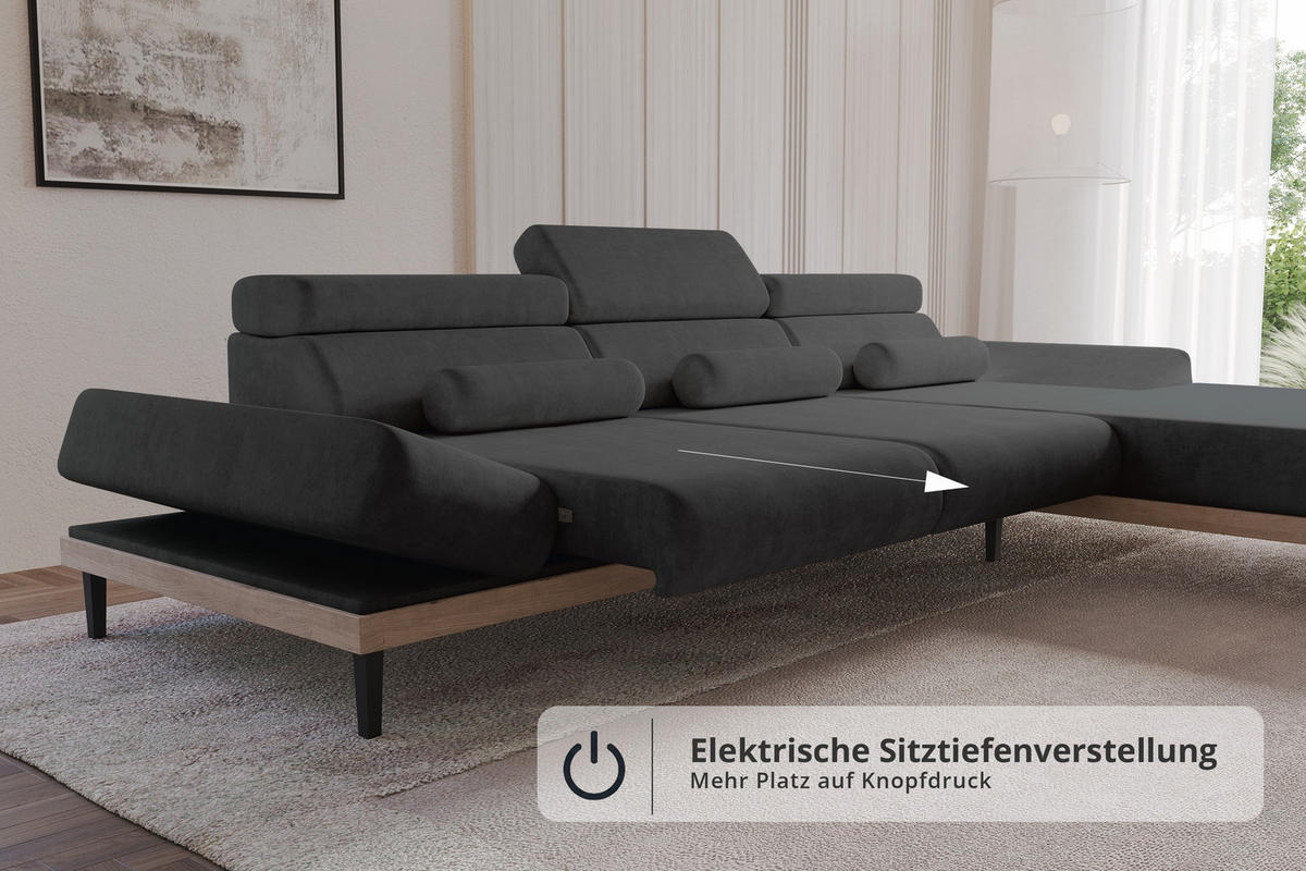 ELEKTRISCHES ECKSOFA Rechts MONA 316x205x85 Schwarz Velours - Schwarz/Graphitfarben, Holzwerkstoff/Textil (316/205cm) - ALTDECOR