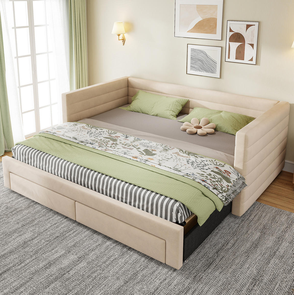 TAPECIRANI krevet od pamuka i lana 90x190 cm bež s izvlačnim ležajem i 2 ladice - bež, tekstil (90/190cm) - Modfu