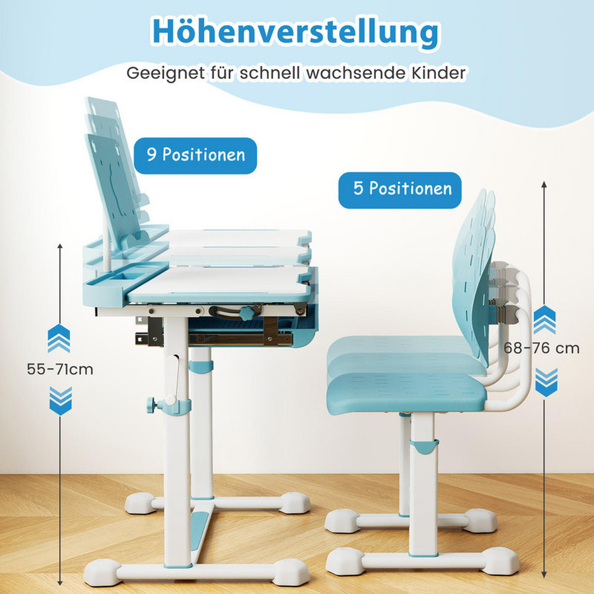KINDERSCHREIBTISCH mit Stuhl blau(2-tlg) - Blau, Metall (80/83/50cm) - COSTWAY