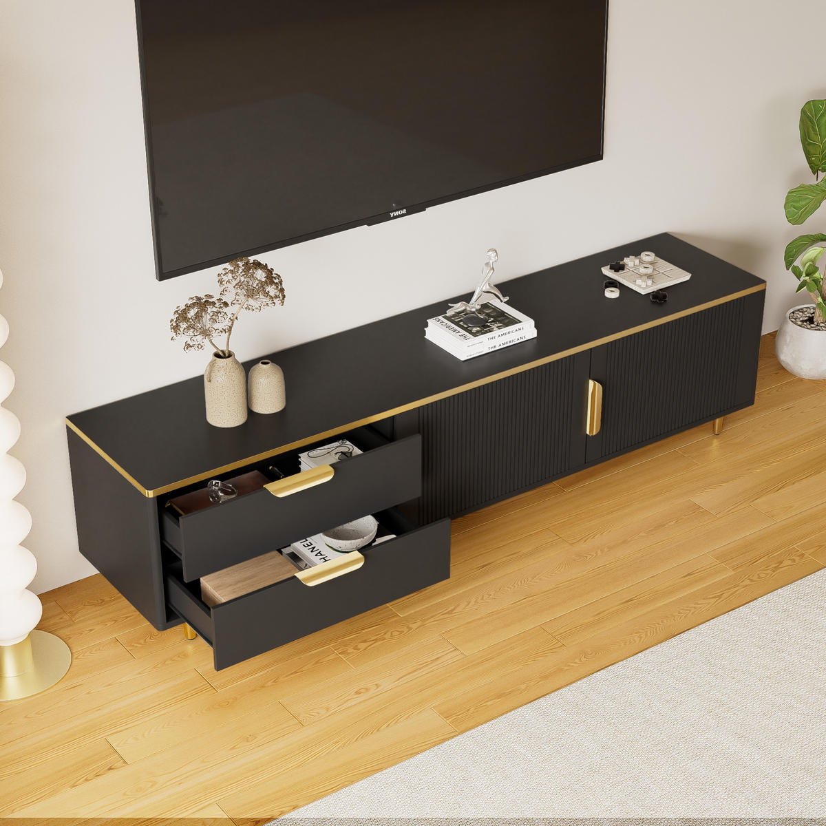 TV-LOWBOARD in Schwarz mit Golddetails, 2 Schubladen und 2 Türen 175/40/45 cm - Schwarz, Holzwerkstoff (175/45/40cm) - Redom