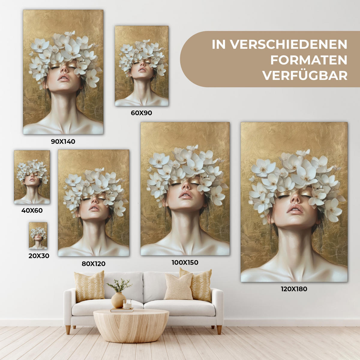 LEINWANDBILD Gesicht - Blumen - Gold - Abstrakt Deko Groß 90x140 cm - Goldfarben, Textil (90/140cm) - MuchoWow