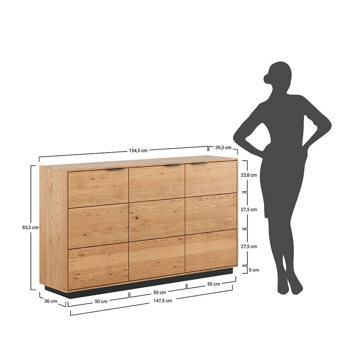 KOMMODE Tirano Eiche Natur / Hirnholz 154 / 39 / 84cm - Eiche Bianco/Eichefarben, Holz/Metall (154/84/39cm) - Feldmann-Wohnen