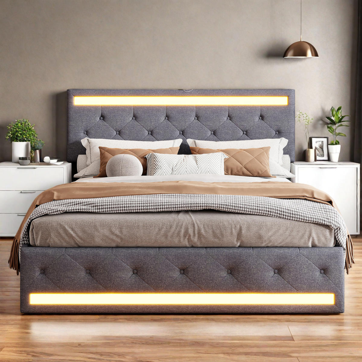 POLSTERBETT mit LED-Beleuchtung und USB-Anschluss, 4 Metallschubladen, dunkelgrau, Leinenbezug. - Grau, Holz (140/200cm) - WoodenAura