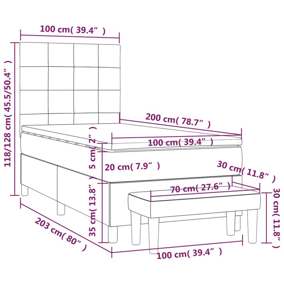 BOXSPRINGBETT Mit Matratze Schwarz 100/200 Cm Samt - Weiß, Textil (100/200cm) - vidaXL