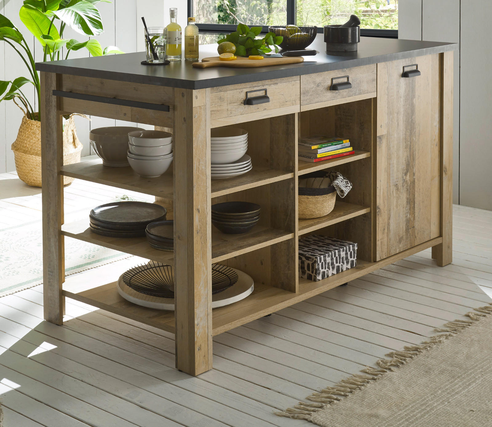 KÜCHENINSEL Used Wood, anthrazit 162 cm, Kochinsel mit Soft-Close - Anthrazit/Schwarz, Holzwerkstoff/Metall (162/93/77cm) - Furn.Design