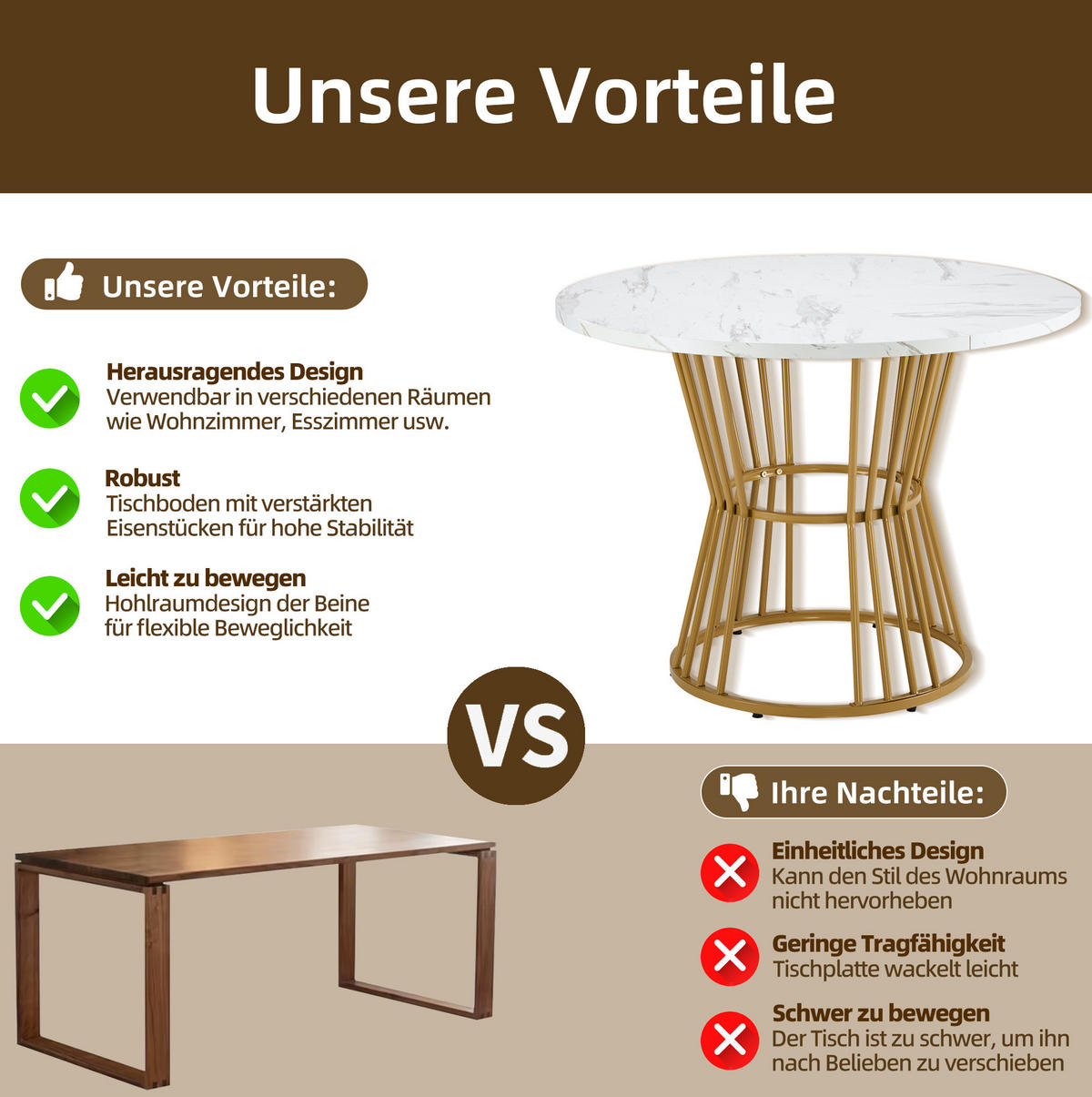 ESSTISCH aus MDF mit Marmormuster & Metallgestell, Ø 100/75 cm, Gold - Goldfarben, Holzwerkstoff (100/100/75cm) - Redom
