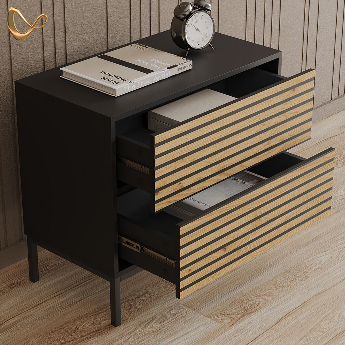 NACHTTISCH Aterno Goldkraft Eiche/Anthrazit 2er set - Honigeiche/Anthrazit, Holzwerkstoff (66/60/36cm) - Livinity®