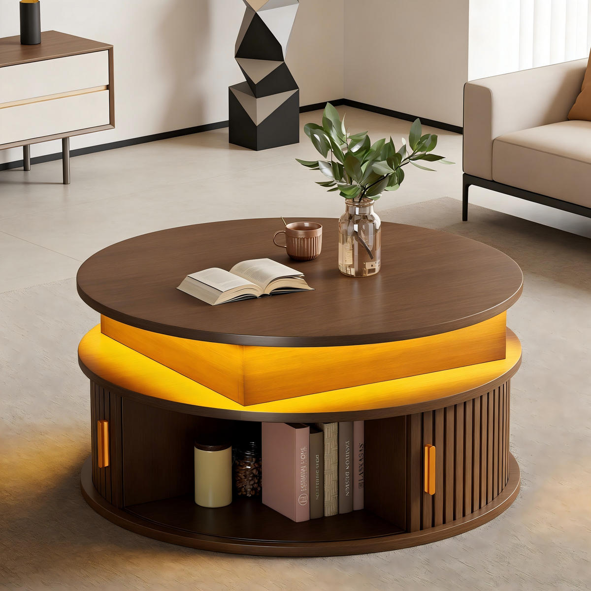 COUCHTISCH höhenverstellbar Walnuss LED 75/75/52 cm - Walnussfarben, Holzwerkstoff (75/75/52cm)