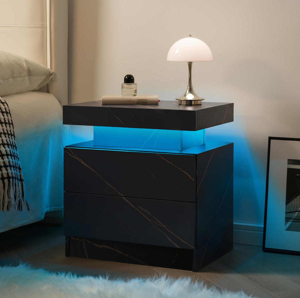 NACHTTISCH 50/53/36 cm cmschwarz/gold aus Holzwerkstoff mit LED-Beleuchtung und 2 Schubladen - Schwarz, Holzwerkstoff (53/36/50cm) - OKWISH