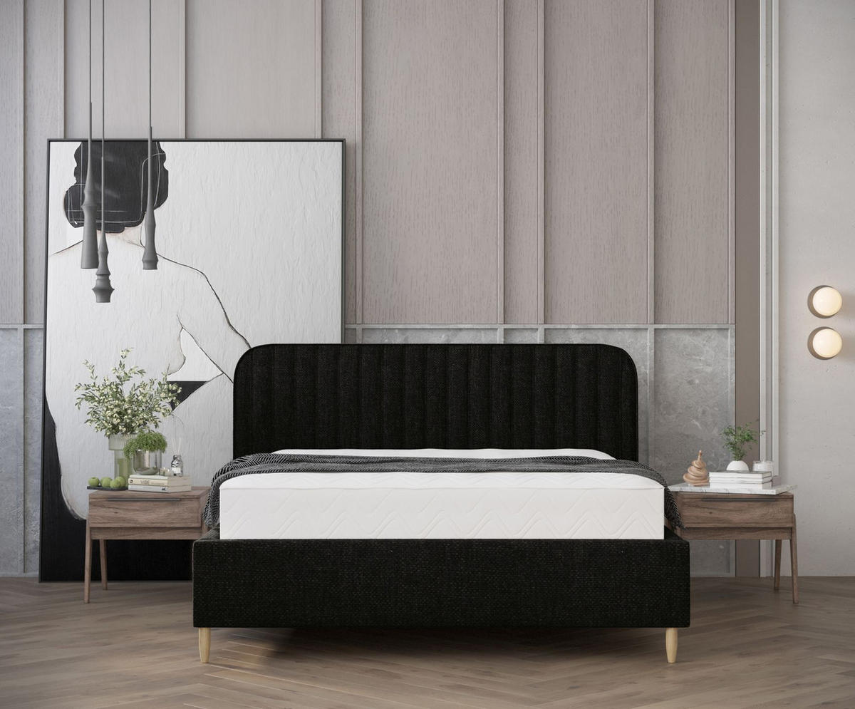 POLSTERBETT Noto Schwarz 120/200 cm im Chenille-Stoff - Schwarz/Naturfarben, Holz/Holzwerkstoff (120/200cm) - Maison de Reve