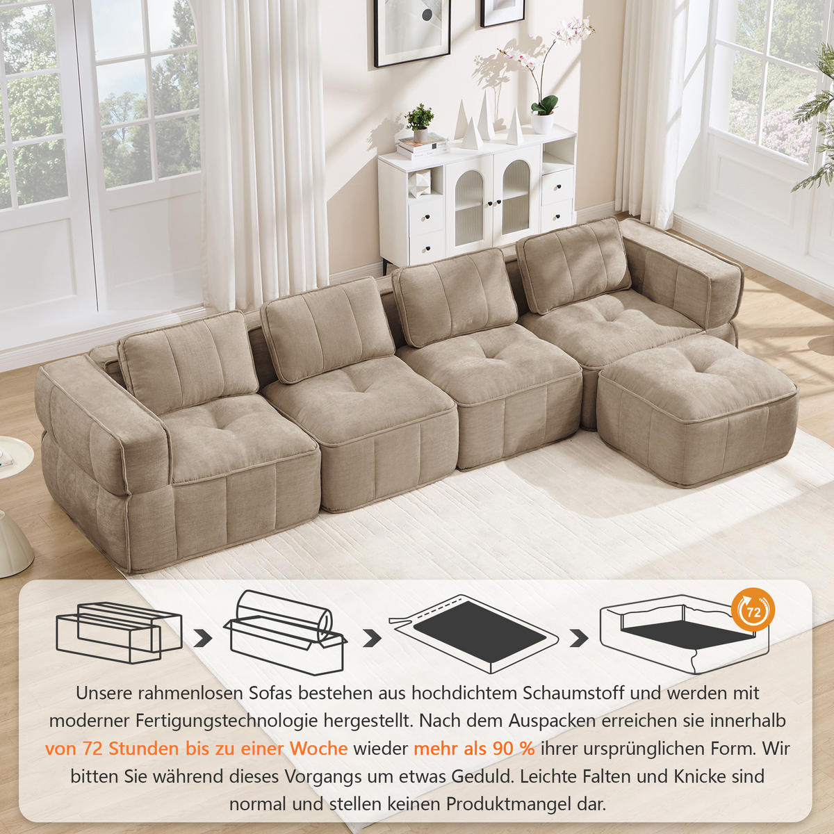 ECKSOFA 344/162/67 cm Sand mit 1 Fußhocker - Sandfarben, Textil (344/162cm) - Oxeza