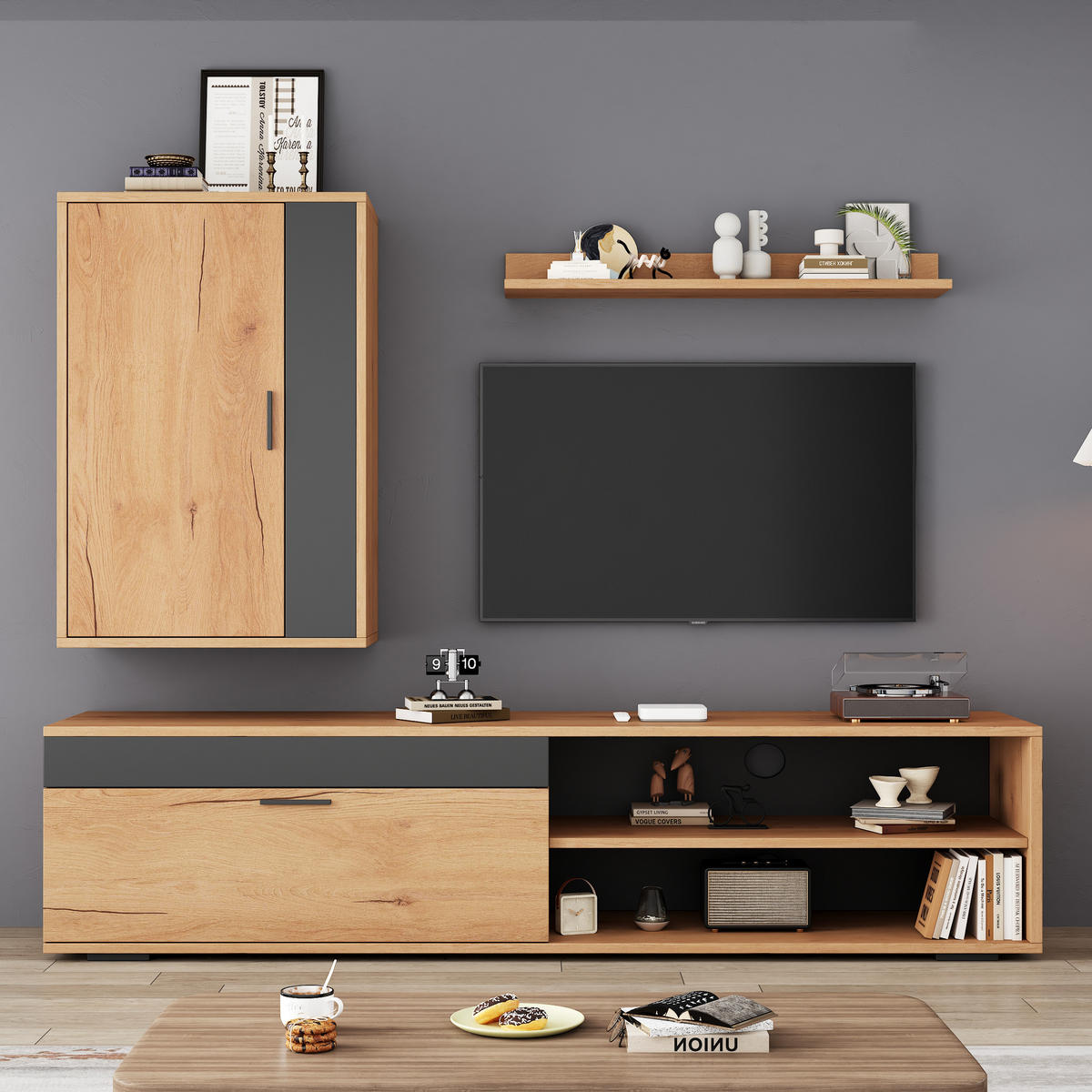 WOHNWAND DE-40357 3-teilig mit Wandregal Holzfarbe - Eichefarben, Holzwerkstoff (140/39/35cm) - ComfortXL