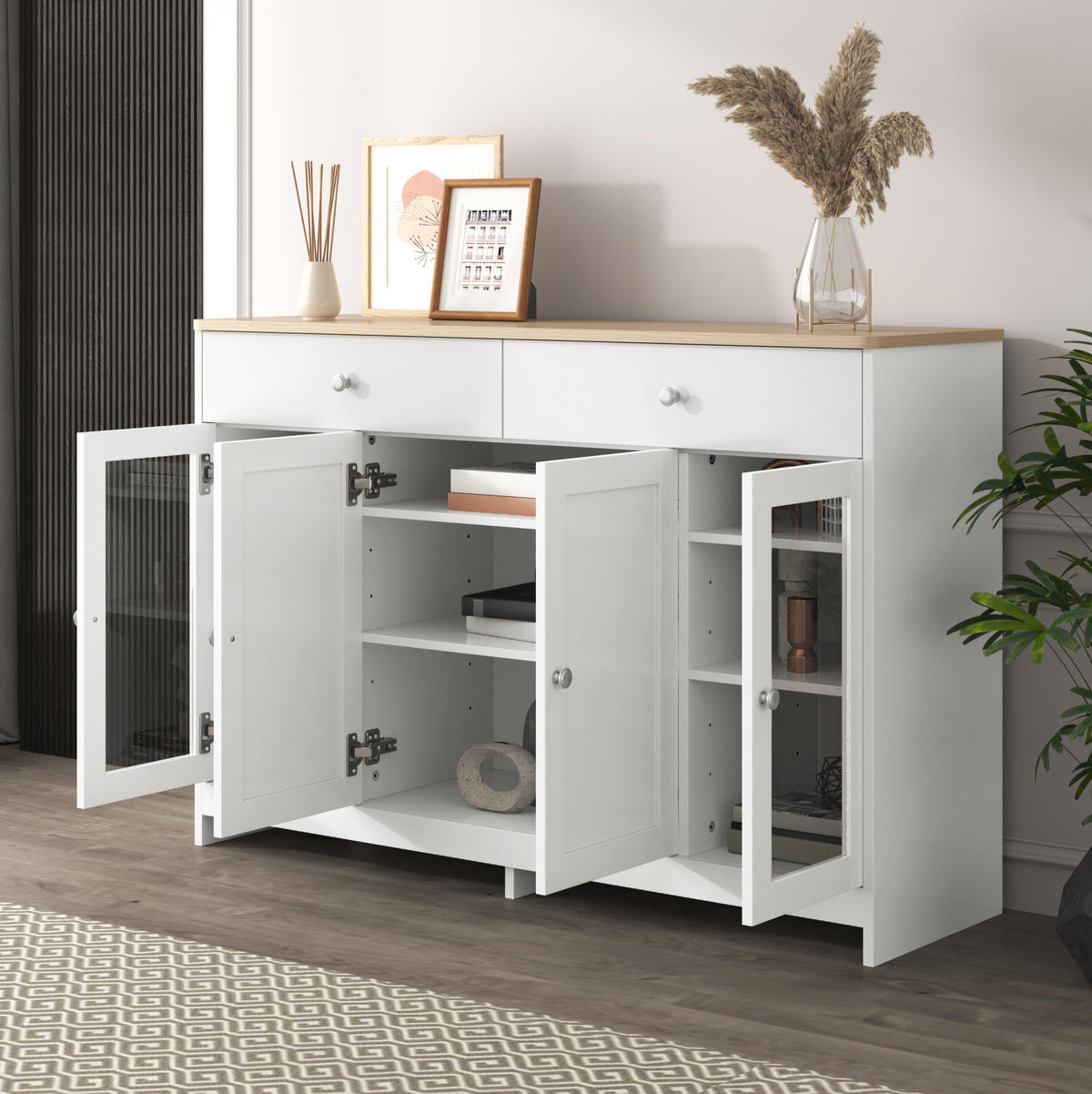 SIDEBOARD aus MDF 120x37x80 cm Weiß und Holzfarbe mit 2 Schubladen und 4 Türen - Weiß, Holzwerkstoff (120/80/37cm) - IVMEU