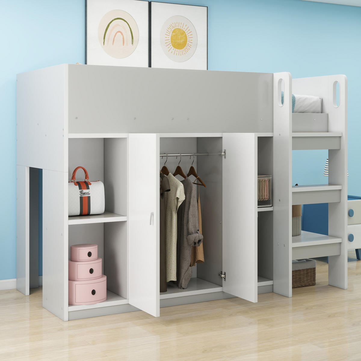 HOCHBETT 90/200 cm in Grau/Weiß – mit Leiter, Schrank und Regalen - Grau, Holz (90/200cm) - BEAOK
