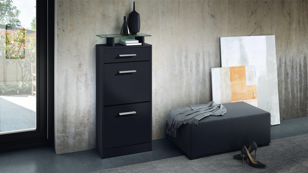 SCHUHSCHRANK Loret Front in Schwarz matt - Schwarz, Holzwerkstoff (46/104/23cm) - Vladon
