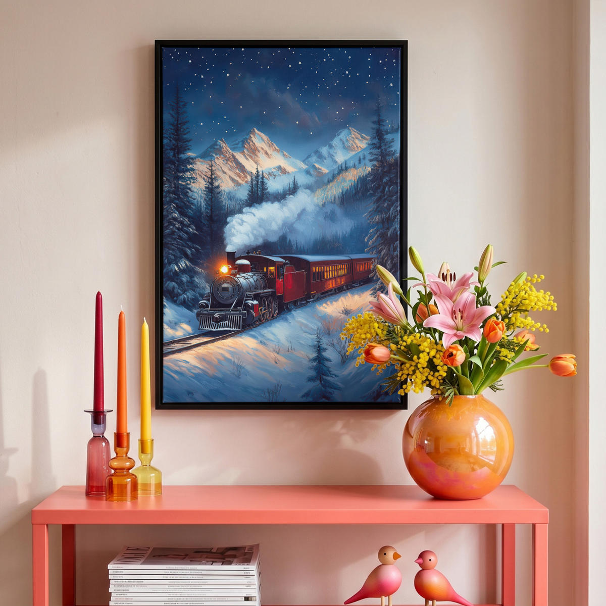 LEINWAND Bilder mit Rahmen - Zug - Weihnachten - Schnee - Weihnachtszug - 40x60 - Anthrazit, Textil (40/60cm) - MuchoWow